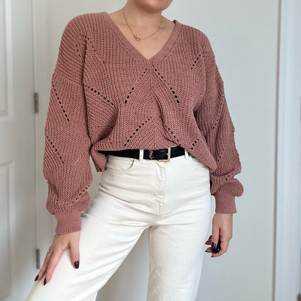 Open Pointele Chenille V-neck Sweater
